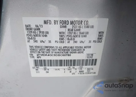 2013 Ford Edge Se из США, поврежденный, VIN 2FMDK4GC8DBC60780